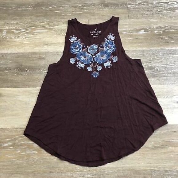 American Eagle Outfitters Tops - AMERICAN EAGLE Scoop Neck Embroidered Flowers Maroon Tank Top Women's Size Large
